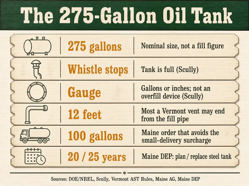 Tally board titled The 275-Gallon Oil Tank with six rows: 275 gallons, nominal size, not a fill figure; whistle stops, tank is full, Scully; gauge, gallons or inches, not an overfill device, Scully; 12 feet, most a Vermont vent may end from the fill pipe; 100 gallons, Maine order that avoids the small-delivery surcharge; 20 / 25 years, Maine DEP plan / replace steel tank. Source line: DOE/NREL, Scully, Vermont AST Rules, Maine AG, Maine DEP.