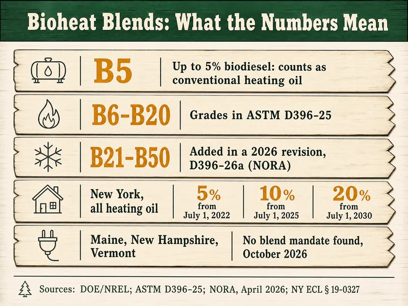 Tally-board chart titled Bioheat Blends: What the Numbers Mean: B5, up to 5% biodiesel, counts as conventional heating oil; B6–B20, grades in ASTM D396-25; B21–B50, added in a 2026 revision, D396-26a (NORA); New York, all heating oil, 5% from July 1, 2022, 10% from July 1, 2025, 20% from July 1, 2030; Maine, New Hampshire, Vermont, no blend mandate found, October 2026; sources DOE/NREL, ASTM D396-25, NORA April 2026, NY ECL § 19-0327