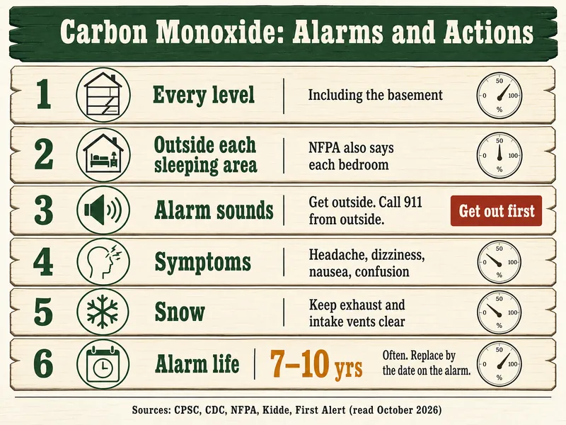 Tally-board card titled Carbon Monoxide: Alarms and Actions, six rows: 1 Every level, including the basement; 2 Outside each sleeping area, NFPA also says each bedroom; 3 Alarm sounds, get outside, call 911 from outside, with a red Get out first tag; 4 Symptoms, headache, dizziness, nausea, confusion; 5 Snow, keep exhaust and intake vents clear; 6 Alarm life, 7–10 yrs often, replace by the date on the alarm. Source line: CPSC, CDC, NFPA, Kidde, First Alert (read October 2026)