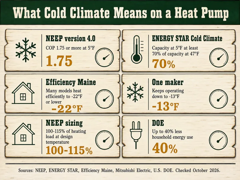 What Cold Climate Means on a Heat Pump. NEEP version 4.0: COP 1.75 or more at 5°F. ENERGY STAR Cold Climate: capacity at 5°F at least 70% of capacity at 47°F. Efficiency Maine: many models heat efficiently to -22°F or lower. One maker: keeps operating down to -13°F. NEEP sizing: 100-115% of heating load at design temperature. DOE: up to 40% less household energy use. Source line: NEEP, ENERGY STAR, Efficiency Maine, Mitsubishi Electric, U.S. DOE, checked October 2026