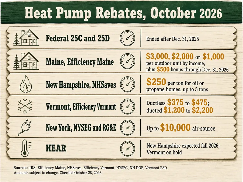 Heat Pump Rebates, October 2026. Federal 25C and 25D: ended after Dec. 31, 2025. Maine, Efficiency Maine: $3,000, $2,000 or $1,000 per outdoor unit by income, plus $500 bonus through Dec. 31, 2026. New Hampshire, NHSaves: $250 per ton for oil or propane homes, up to 5 tons. Vermont, Efficiency Vermont: ductless $375 to $475, ducted $1,200 to $2,200. New York, NYSEG and RG&E: up to $10,000 air-source. HEAR: New Hampshire expected fall 2026, Vermont on hold. Source line: IRS, Efficiency Maine, NHSaves, Efficiency Vermont, NYSEG, NH DOE, Vermont PSD; amounts subject to change; checked October 28, 2026