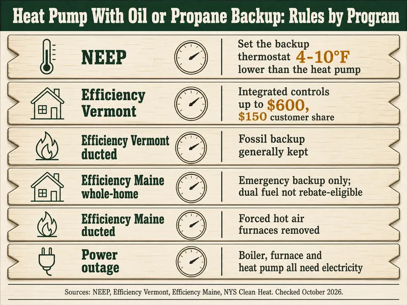 Heat Pump With Oil or Propane Backup: Rules by Program. NEEP: set the backup thermostat 4-10°F lower than the heat pump. Efficiency Vermont: integrated controls up to $600, $150 customer share. Efficiency Vermont ducted: fossil backup generally kept. Efficiency Maine whole-home: emergency backup only, dual fuel not rebate-eligible. Efficiency Maine ducted: forced hot air furnaces removed. Power outage: boiler, furnace and heat pump all need electricity. Source line: NEEP, Efficiency Vermont, Efficiency Maine, NYS Clean Heat, checked October 2026