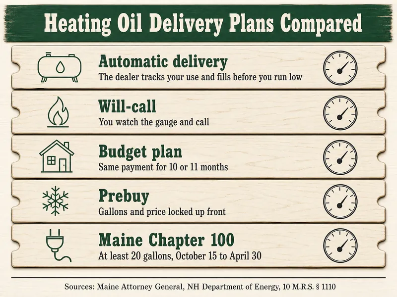 Tally-board infographic titled Heating Oil Delivery Plans Compared with five rows: Automatic delivery, the dealer tracks your use and fills before you run low; Will-call, you watch the gauge and call; Budget plan, same payment for 10 or 11 months; Prebuy, gallons and price locked up front; Maine Chapter 100, at least 20 gallons October 15 to April 30. Source line: Maine Attorney General, NH Department of Energy, 10 M.R.S. 1110