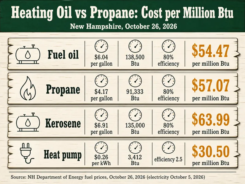 Heating Oil vs Propane: Cost per Million Btu in New Hampshire, October 26, 2026. Fuel oil: $6.04 per gallon, 138,500 Btu, 80% efficiency, $54.47 per million Btu. Propane: $4.17 per gallon, 91,333 Btu, 80% efficiency, $57.07 per million Btu. Kerosene: $6.91 per gallon, 135,000 Btu, 80% efficiency, $63.99 per million Btu. Heat pump: $0.26 per kWh, 3,412 Btu, efficiency 2.5, $30.50 per million Btu. Source: NH Department of Energy fuel prices, October 26, 2026 (electricity October 5, 2026)