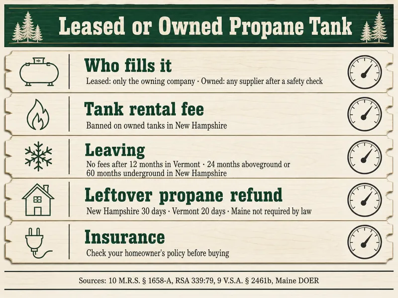 Tally-board infographic titled Leased or Owned Propane Tank with five rows: Who fills it, leased only the owning company, owned any supplier after a safety check; Tank rental fee, banned on owned tanks in New Hampshire; Leaving, no fees after 12 months in Vermont, 24 months aboveground or 60 months underground in New Hampshire; Leftover propane refund, New Hampshire 30 days, Vermont 20 days, Maine not required by law; Insurance, check your homeowner's policy before buying. Source line: 10 M.R.S. 1658-A, RSA 339:79, 9 V.S.A. 2461b, Maine DOER