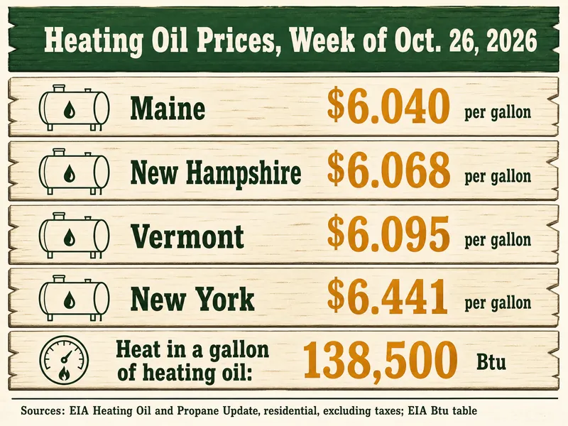 Tally-board chart titled Heating Oil Prices, Week of Oct. 26, 2026, with four tiles: Maine $6.040 per gallon, New Hampshire $6.068 per gallon, Vermont $6.095 per gallon, New York $6.441 per gallon, and a fifth tile, heat in a gallon of heating oil: 138,500 Btu; sources EIA Heating Oil and Propane Update, residential, excluding taxes, and EIA Btu table