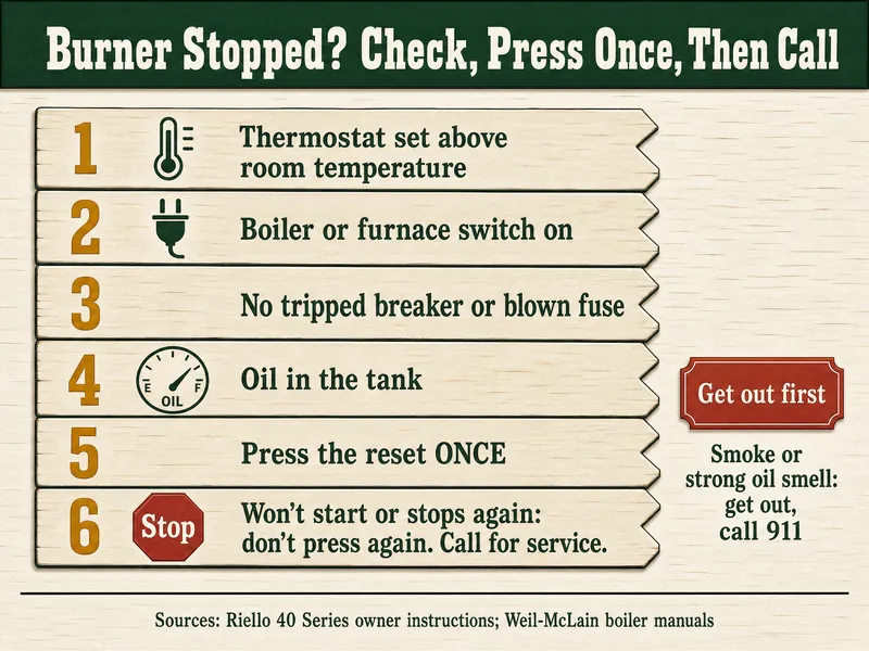 Tally-board chart titled Burner Stopped? Check, Press Once, Then Call: 1 thermostat set above room temperature, 2 boiler or furnace switch on, 3 no tripped breaker or blown fuse, 4 oil in the tank, 5 press the reset once, 6 Stop: won't start or stops again, don't press again, call for service; a Get out first tag says smoke or strong oil smell, get out, call 911; sources Riello 40 Series owner instructions and Weil-McLain boiler manuals