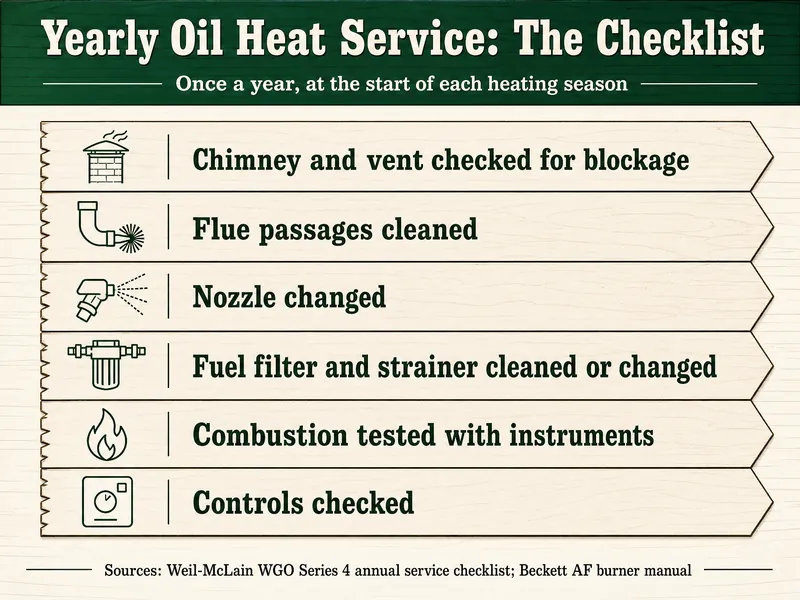 Tally-board checklist titled Yearly Oil Heat Service: The Checklist, tagged once a year, at the start of each heating season, with six numbered rows: chimney and vent checked for blockage, flue passages cleaned, nozzle changed, fuel filter and strainer cleaned or changed, combustion tested with instruments, controls checked; sources Weil-McLain WGO Series 4 annual service checklist and Beckett AF burner manual