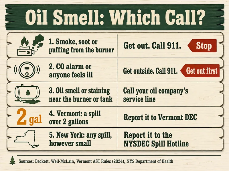 Tally-board card titled Oil Smell: Which Call?, five rows: 1 Smoke, soot or puffing from the burner, get out, call 911, with a red Stop tag; 2 CO alarm or anyone feels ill, get outside, call 911, with a red Get out first tag; 3 Oil smell or staining near the burner or tank, call your oil company's service line; 4 Vermont, a spill over 2 gallons, report it to Vermont DEC, with an amber 2 gal; 5 New York, any spill however small, report it to the NYSDEC Spill Hotline. Source line: Beckett, Weil-McLain, Vermont AST Rules (2024), NYS Department of Health