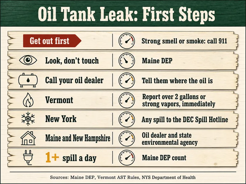 Tally board titled Oil Tank Leak: First Steps with seven rows: red Get out first tag, strong smell or smoke, call 911; look, don't touch, Maine DEP; call your oil dealer, tell them where the oil is; Vermont, report over 2 gallons or strong vapors, immediately; New York, any spill to the DEC Spill Hotline; Maine and New Hampshire, oil dealer and state environmental agency; 1+ spill a day, Maine DEP count. Source line: Maine DEP, Vermont AST Rules, NYS Department of Health.