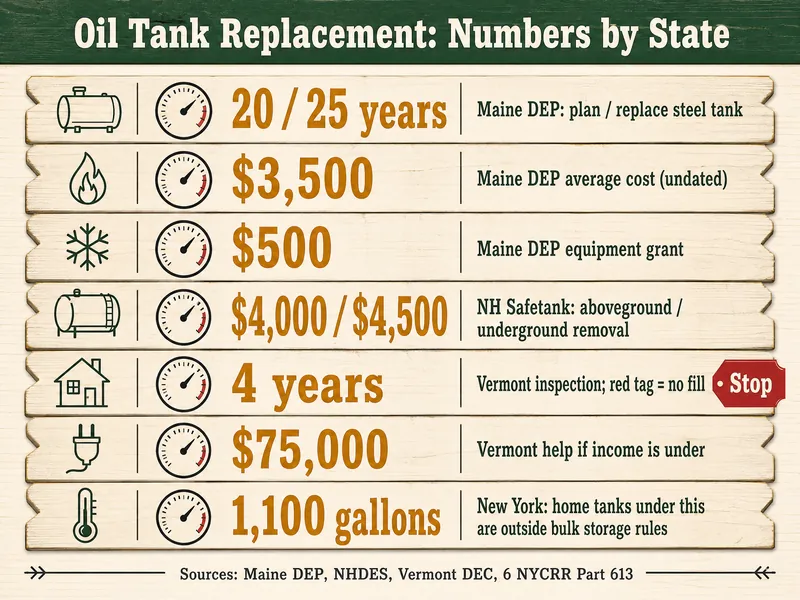 Tally board titled Oil Tank Replacement: Numbers by State with seven rows: 20 / 25 years, Maine DEP plan / replace steel tank; $3,500, Maine DEP average cost, undated; $500, Maine DEP equipment grant; $4,000 / $4,500, NH Safetank aboveground / underground removal; 4 years, Vermont inspection, red tag means no fill, with a red Stop tag; $75,000, Vermont help if income is under; 1,100 gallons, New York home tanks under this are outside bulk storage rules. Source line: Maine DEP, NHDES, Vermont DEC, 6 NYCRR Part 613.