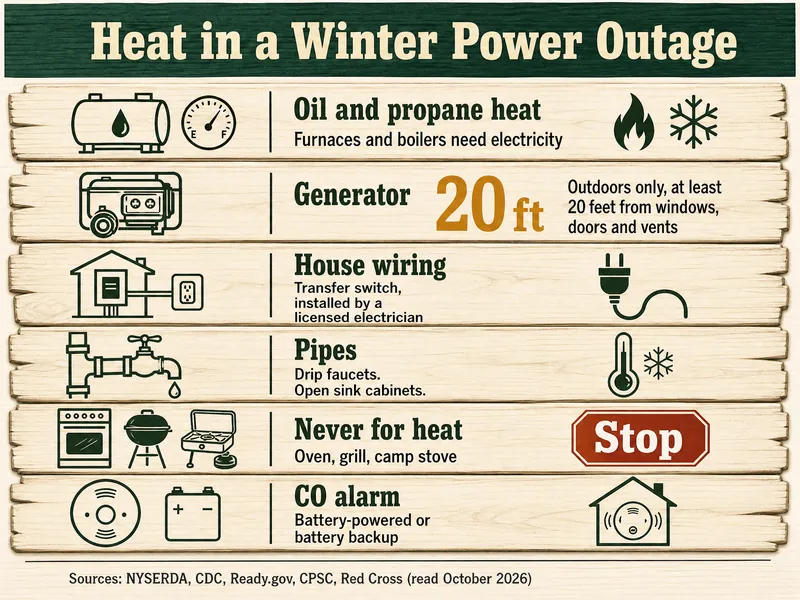 Tally-board card titled Heat in a Winter Power Outage, six rows: Oil and propane heat, furnaces and boilers need electricity; Generator, 20 ft, outdoors only, at least 20 feet from windows, doors and vents; House wiring, transfer switch, installed by a licensed electrician; Pipes, drip faucets, open sink cabinets; Never for heat, oven, grill, camp stove, with a red Stop tag; CO alarm, battery-powered or battery backup. Source line: NYSERDA, CDC, Ready.gov, CPSC, Red Cross (read October 2026)