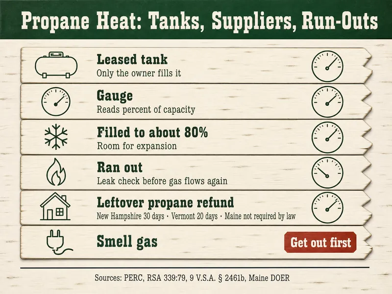 Tally-board infographic titled Propane Heat: Tanks, Suppliers, Run-Outs with six rows: Leased tank, only the owner fills it; Gauge reads percent of capacity; Filled to about 80 percent for expansion; Ran out, leak check before gas flows again; Leftover propane refund, New Hampshire 30 days, Vermont 20 days, Maine not required by law; Smell gas, get out first in a red Stop tag. Source line: PERC, RSA 339:79, 9 V.S.A. 2461b, Maine DOER