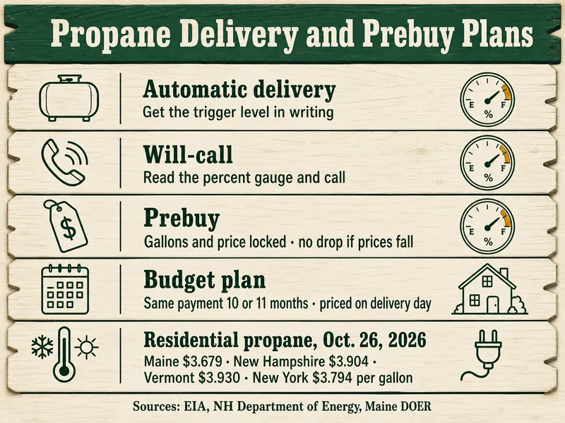 Tally-board infographic titled Propane Delivery and Prebuy Plans with five rows: Automatic delivery, get the trigger level in writing; Will-call, read the percent gauge and call; Prebuy, gallons and price locked, no drop if prices fall; Budget plan, same payment 10 or 11 months, priced on delivery day; Residential propane, Oct. 26, 2026, Maine $3.679, New Hampshire $3.904, Vermont $3.930, New York $3.794 per gallon. Source line: EIA, NH Department of Energy, Maine DOER