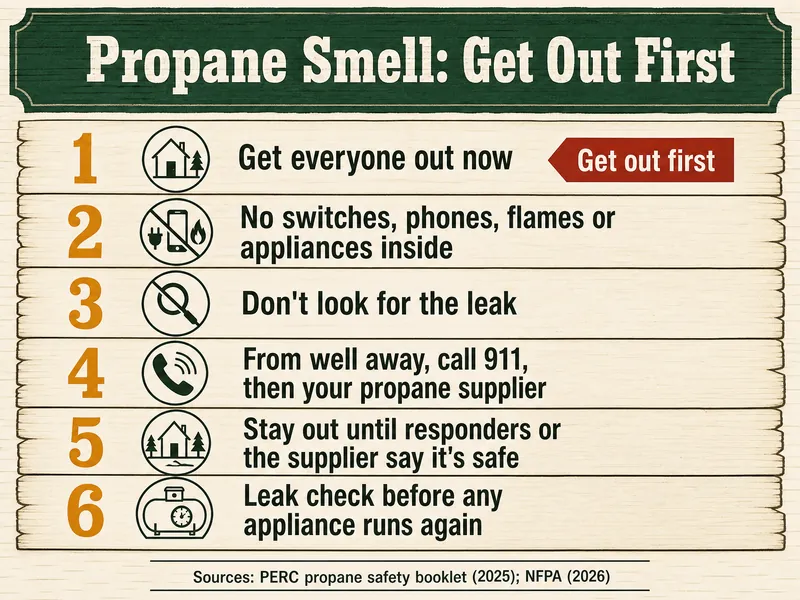 Tally-board card titled Propane Smell: Get Out First, six numbered rows: 1 Get everyone out now, with a red Get out first tag; 2 No switches, phones, flames or appliances inside; 3 Don't look for the leak; 4 From well away, call 911, then your propane supplier; 5 Stay out until responders or the supplier say it's safe; 6 Leak check before any appliance runs again. Source line: PERC propane safety booklet (2025); NFPA (2026)