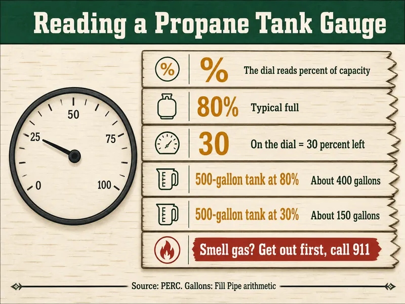 Tally board titled Reading a Propane Tank Gauge, a large dial marked 0, 25, 50, 75 and 100 beside six rows: percent sign, the dial reads percent of capacity; 80 percent, typical full; 30, on the dial equals 30 percent left; 500-gallon tank at 80 percent, about 400 gallons; 500-gallon tank at 30 percent, about 150 gallons; red tag, Smell gas? Get out first, call 911. Source line: PERC. Gallons: Fill Pipe arithmetic.