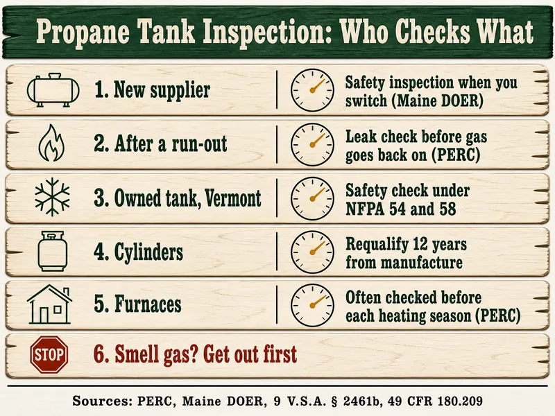 Tally board titled Propane Tank Inspection: Who Checks What with six rows: new supplier, safety inspection when you switch, Maine DOER; after a run-out, leak check before gas goes back on, PERC; owned tank, Vermont, safety check under NFPA 54 and 58; cylinders, requalify 12 years from manufacture; furnaces, often checked before each heating season, PERC; red tag, Smell gas? Get out first. Source line: PERC, Maine DOER, 9 V.S.A. § 2461b, 49 CFR 180.209.