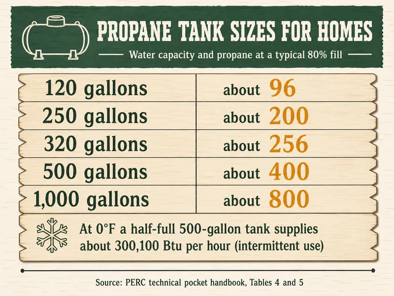 Tally board titled Propane Tank Sizes for Homes, water capacity and propane at a typical 80% fill: 120 gallons, about 96; 250 gallons, about 200; 320 gallons, about 256; 500 gallons, about 400; 1,000 gallons, about 800; note: at 0°F a half-full 500-gallon tank supplies about 300,100 Btu per hour under intermittent use. Source: PERC technical pocket handbook, Tables 4 and 5