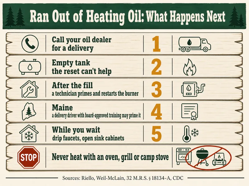 Tally-board chart titled Ran Out of Heating Oil: What Happens Next: 1 call your oil dealer for a delivery; 2 empty tank, the reset can't help; 3 after the fill, a technician primes and restarts the burner; 4 Maine, a delivery driver with board-approved training may prime it; 5 while you wait, drip faucets, open sink cabinets; Stop: never heat with an oven, grill or camp stove. Sources: Riello, Weil-McLain, 32 M.R.S. § 18134-A, CDC