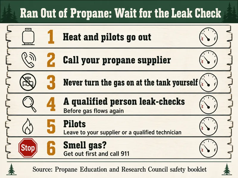 Tally-board infographic titled Ran Out of Propane: Wait for the Leak Check with six rows: 1 Heat and pilots go out; 2 Call your propane supplier; 3 Never turn the gas on at the tank yourself; 4 A qualified person leak-checks before gas flows again; 5 Pilots, leave to your supplier or a qualified technician; 6 Smell gas, get out first and call 911, in a red Stop tag. Source line: Propane Education and Research Council safety booklet