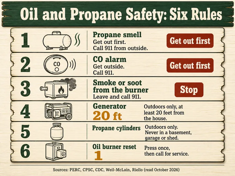 Tally-board card titled Oil and Propane Safety: Six Rules: 1 Propane smell, get out first, call 911 from outside, red Get out first tag; 2 CO alarm, get outside, call 911, red Get out first tag; 3 Smoke or soot from the burner, leave and call 911, red Stop tag; 4 Generator, 20 ft, outdoors only, at least 20 feet from the house; 5 Propane cylinders, outdoors only, never in a basement, garage or shed; 6 Oil burner reset, 1, press once, then call for service. Source line: PERC, CPSC, CDC, Weil-McLain, Riello (read October 2026)