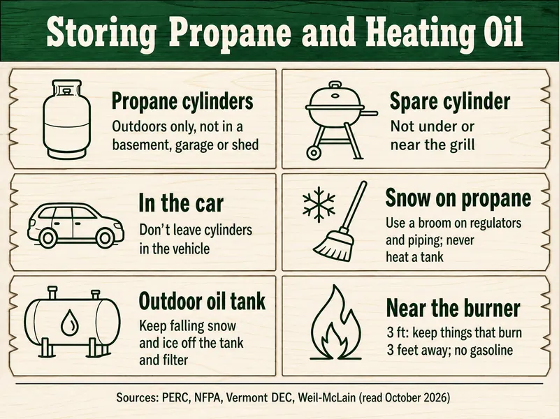 Tally-board card titled Storing Propane and Heating Oil, six tiles: propane cylinders, outdoors only, not in a basement, garage or shed; spare cylinder, not under or near the grill; in the car, don't leave cylinders in the vehicle; snow on propane, use a broom on regulators and piping, never heat a tank; outdoor oil tank, keep falling snow and ice off the tank and filter; near the burner, keep things that burn 3 feet away, no gasoline. Sources: PERC, NFPA, Vermont DEC, Weil-McLain