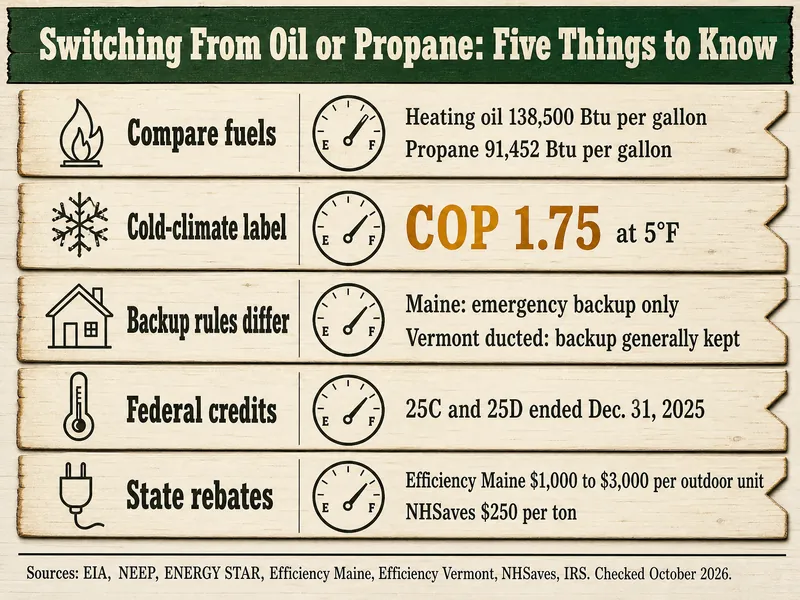 Switching From Oil or Propane: Five Things to Know. Compare fuels: heating oil 138,500 Btu per gallon, propane 91,452 Btu per gallon (EIA). Cold-climate label: COP 1.75 at 5°F (NEEP, ENERGY STAR). Backup rules differ: Maine emergency backup only; Vermont ducted generally keeps backup. Federal credits: 25C and 25D ended Dec. 31, 2025 (IRS). State rebates: Efficiency Maine $1,000 to $3,000 per outdoor unit; NHSaves $250 per ton. Source line: EIA, NEEP, ENERGY STAR, Efficiency Maine, Efficiency Vermont, NHSaves, IRS, checked October 2026