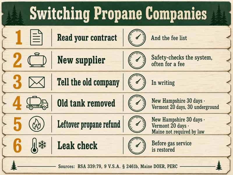 Tally-board infographic titled Switching Propane Companies with six numbered rows: 1 Read your contract and fee list; 2 New supplier safety-checks the system, often for a fee; 3 Tell the old company in writing; 4 Old tank removed, New Hampshire 30 days, Vermont 20 days or 30 underground; 5 Refund of leftover propane, New Hampshire 30 days, Vermont 20 days, Maine not required by law; 6 Leak check before gas service is restored. Source line: RSA 339:79, 9 V.S.A. 2461b, Maine DOER, PERC