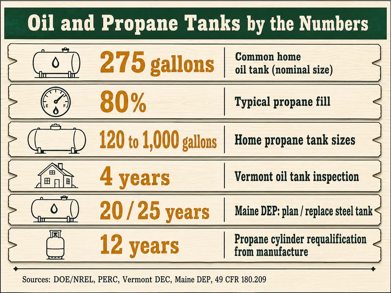 Tally board titled Oil and Propane Tanks by the Numbers with six rows: 275 gallons, common home oil tank, nominal size; 80%, typical propane fill; 120 to 1,000 gallons, home propane tank sizes; 4 years, Vermont oil tank inspection; 20 / 25 years, Maine DEP plan / replace steel tank; 12 years, propane cylinder requalification from manufacture. Source line: DOE/NREL, PERC, Vermont DEC, Maine DEP, 49 CFR 180.209.